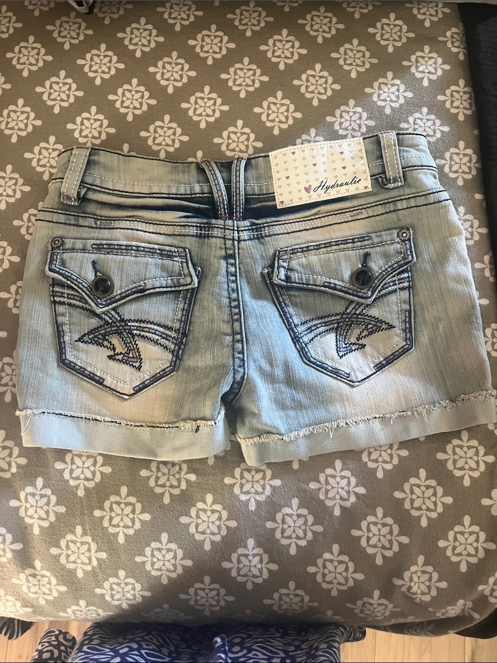 Hydraulic Light Blue Distressed Denim Shorts with Embroidered Back Pockets